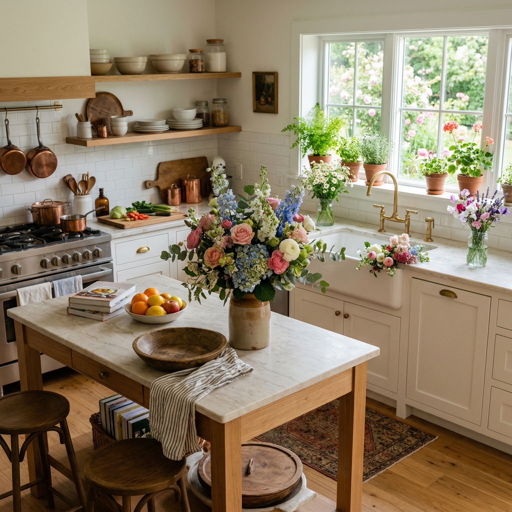 Bright, cared-for kitchen with fresh flowers