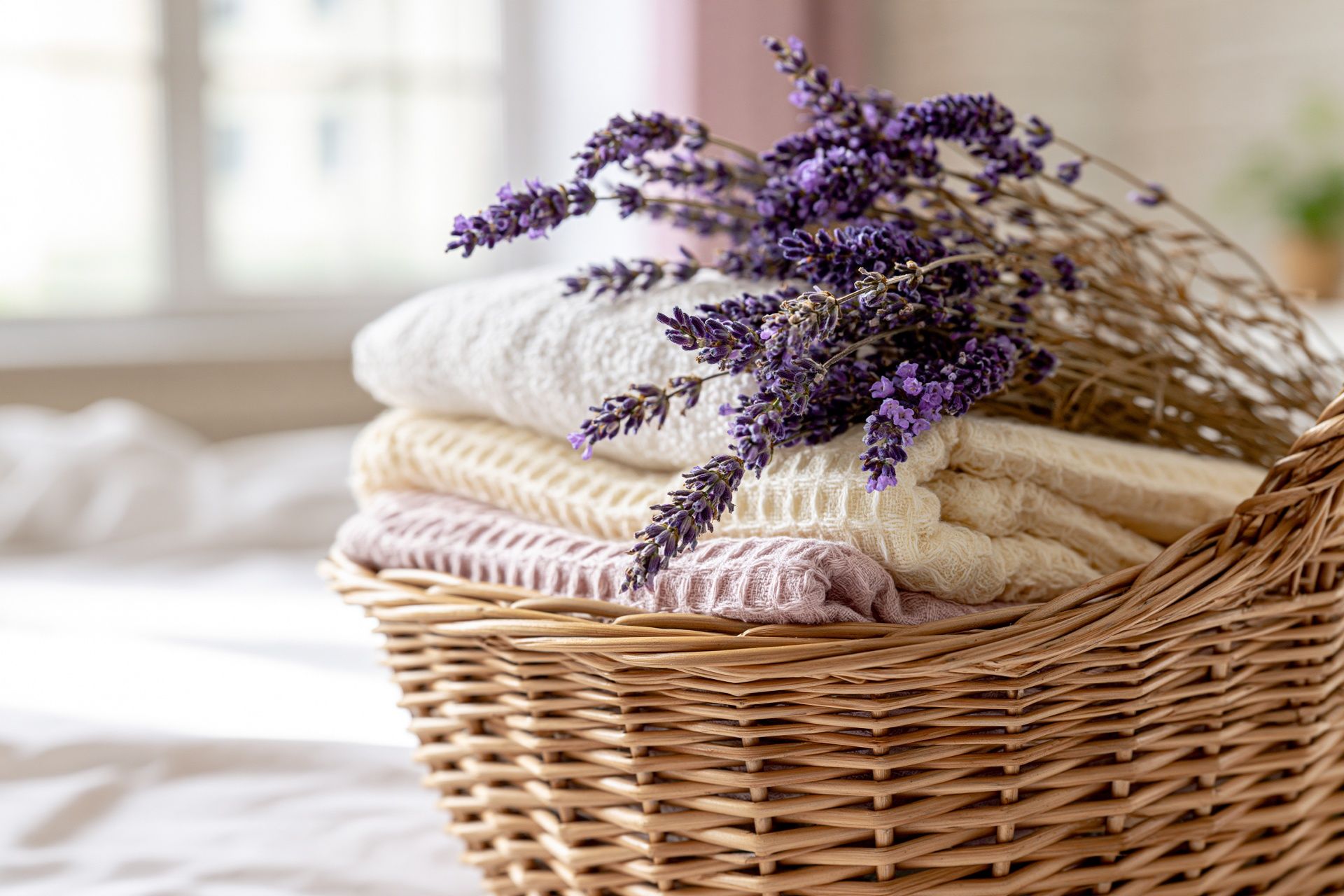 Folded linens in a woven basket with lavender