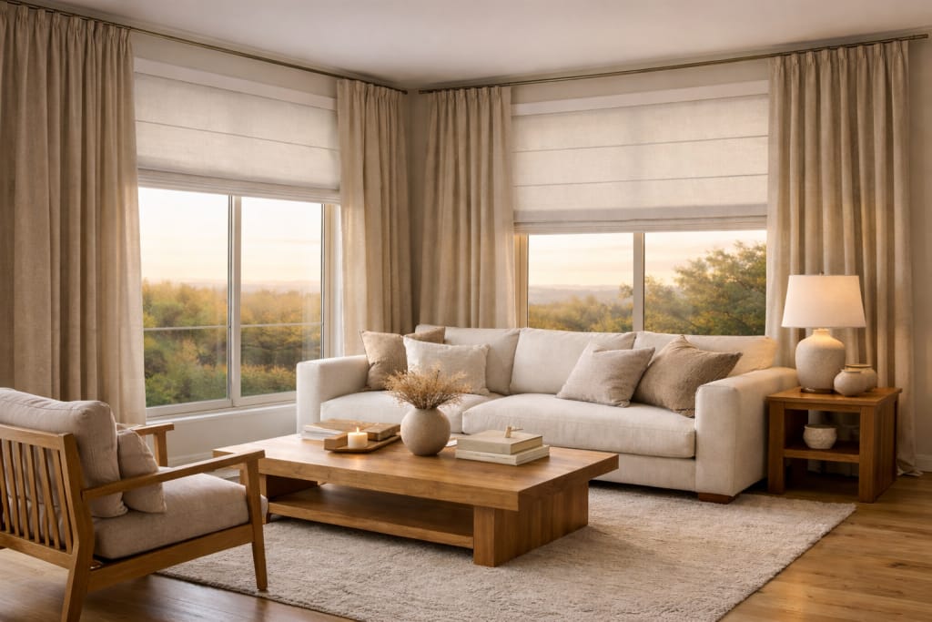 Calm, warm living room at golden hour